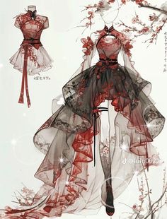 an illustration of a dress with red flowers on it