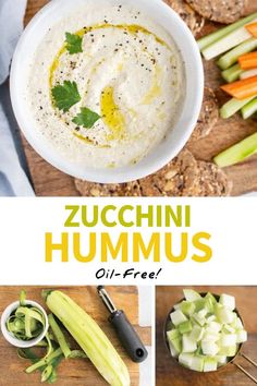 zucchini hummus in a white bowl with sliced celery and carrots