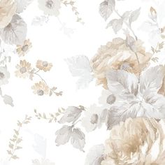 a white and beige floral wallpaper with flowers