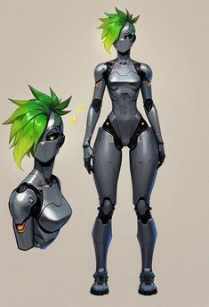 an image of a woman with green hair standing next to another woman in futuristic suit