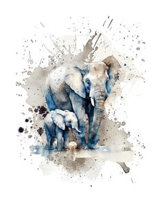 an elephant and her baby are standing in the watercolor paint splattered background