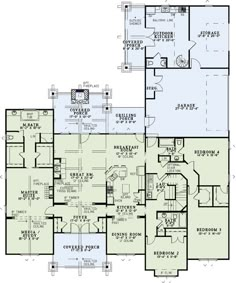 the first floor plan for this house is very large and has two master suites, an office