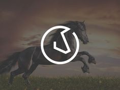 a black horse running across a field with the letter u in it's mouth