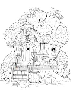 an illustration of a fairy house in the woods with stairs leading up to it and trees around