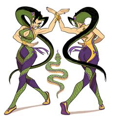 two women dressed in green and purple are dancing with their arms around each other as they look like snakes