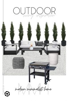 an outdoor living room with couches, tables and potted plants