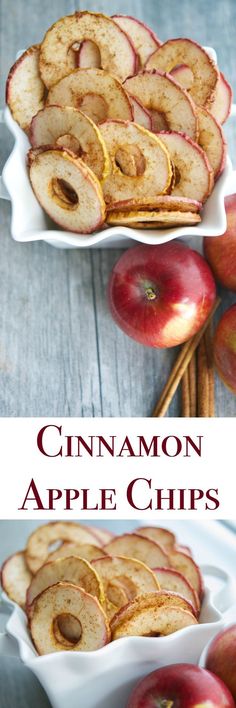 cinnamon apple chips in a white bowl next to apples and cinnamon sticks