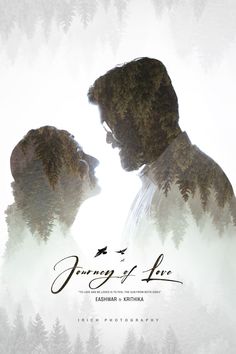 two people standing next to each other in front of trees and the words journey of love