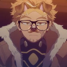 an anime character wearing glasses and a furry coat with fur on his head is staring at the camera