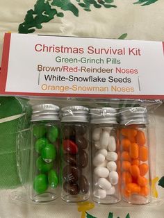 christmas survival kit with brown / red - reindeer noses, white - snowflake seeds and orange - snowman noses