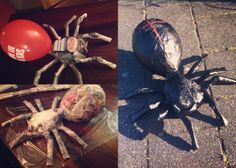 three different pictures of halloween decorations including a spider, bowling ball and balloon on the ground