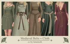 the medieval belted dress is shown in four different colors and sizes, including brown, green