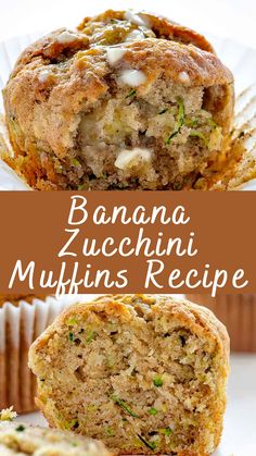 banana zucchini muffins recipe on a white plate with text overlay