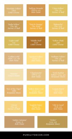 different shades of yellow and brown are shown in this graphic style, with the names on each