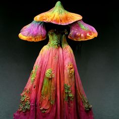 Mushroom Prom Dress, Mushroom Gown, Odd Dresses, Mushroom Dress Drawing, Solarpunk Lunarpunk, Water Fairy Outfit, Nature Inspired Dress, Fairytale Cosplay, Neon Mushroom