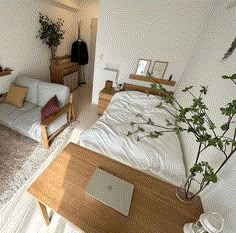 a living room with a couch, coffee table and bed