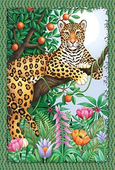 a painting of a leopard in the jungle with fruit on it's tree branch