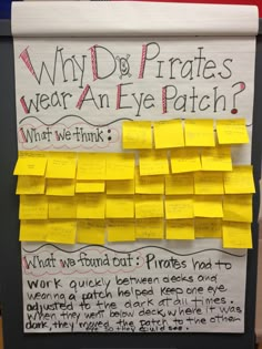 a bulletin board with post - it notes attached to it that says why do pirates wear an eye patch?