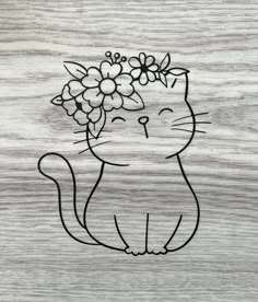 a drawing of a cat with flowers on its head