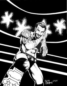 an ink drawing of a wrestler with his arm raised in the air and holding a wrestling ring