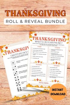 the thanksgiving roll and reveal bundle is shown on a wooden background with text that reads,