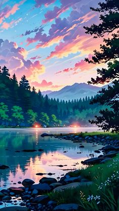 a painting of a beautiful sunset over a lake