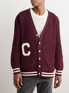 CELINE HOMME's cardigan riffs on varsity styles. It's knitted from breathable cotton and detailed with striped trims and a collegiate-inspired logo appliqué. The relaxed, longline shape makes it a good addition to a layered outfit. College Cardigan, Cardigan For Men, Retro Sport, Layering Outfits, Cotton Cardigan, Cotton Logo, Knitwear Cardigan, Knit Cotton, Mr Porter