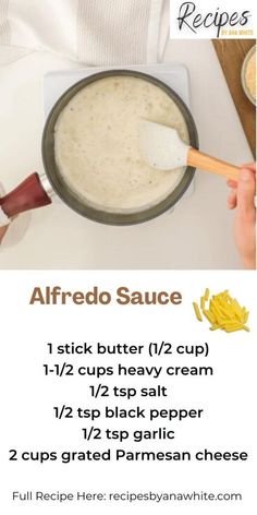 the recipe for alfredo sauce is shown in this advertise with instructions on how to make it