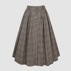 "pleated-detail buttoned wool skirt A-line wool skirt Linennaive's timeless, minimalist pieces are the perfect building blocks for curating your own capsule wardrobe.  This skirt embodies effortless and timeless elegance.  Tailored from soft wool, it has a timeless A-line silhouette. Presented in a vintage brown and check pattern, the piece has fabric-covered buttons at the front that add to its sophistication. Elegant pleats create a dynamic, feminine look. The high-waisted design features front button detailing, you can wear it with a belt, perfect for sophisticated casual wear. This wool skirt is made for you. We know it, you know it, the skirt knows it. 【Fabric】 wool, fully lined 【Length】 36-37 inches.  【Size】 *SIZE XS  waist: 26\"/ 66 cm *SIZE S  waist: 27\"/ 70 cm *SIZE M  waist: 29/ Wool Pleated Office Skirt, Brown Pleated Midi Skirt For Work, Classic Brown Wool Skirt, Brown Pleated Skirt For Work, Flared Workwear Skirt With Button Closure, Flared Work Skirt With Button Closure, Workwear Flared Skirt With Button Closure, Fall A-line Skirt With Buttons, Full Skirt With Buttons For Workwear