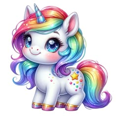 a cartoon unicorn with rainbow hair and blue eyes sitting on top of a white background