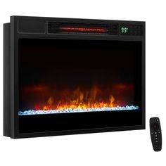 the wall mounted electric fireplace with remote control and fire flame in front of white background