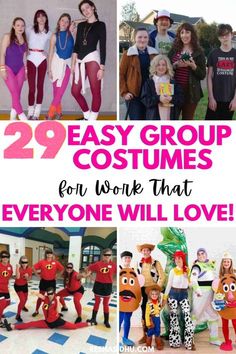 some people are dressed up in costumes and posing for pictures with the words, 29 easy group costumes for work that everyone will love