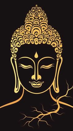 a golden buddha statue with eyes closed and hair blowing in the wind, against a black background