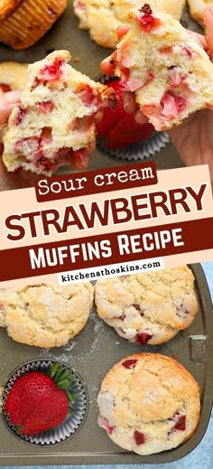 strawberry muffins are being held up in front of some muffins and strawberries