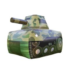 an inflatable tank shaped like a tank with camouflage paint and stars on it