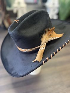 Black Yellowstone style cowboy hat, with custom stitching and feathers Yellowstone Style, Black Cowboy Hat, Black Cowboy, Fashion Costume, Cosplay Ideas, Cowboy Hat, Costume Design, Cowboy Hats, Halloween Shopping