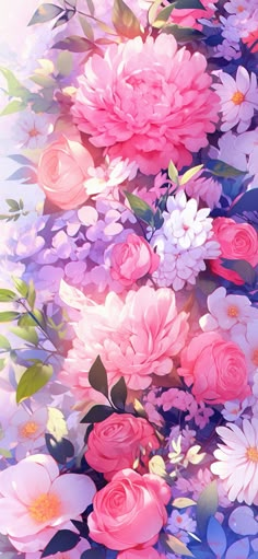 a bunch of flowers that are in the middle of some watercolors and pastel colors