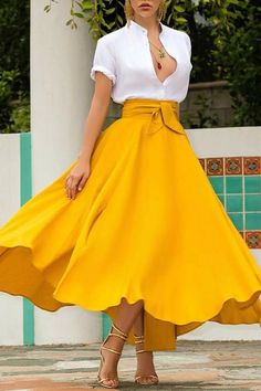 Cute Maxi Skirts, Stile Hijab, Bow Skirt, Pleated Long Skirt, Skirt Denim, Yellow Skirt, Long Skirts For Women, Party Skirt, Elegant Skirt