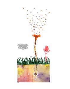 a drawing of a dandelion in the ground with birds flying around it and an image of a person holding a flower