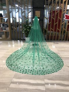 a green veil sitting on top of a tiled floor in front of a building entrance