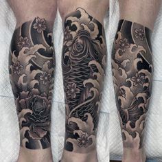 the legs are covered in black and white tattoos with flowers, waves and clouds on them