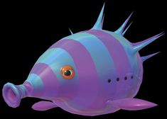 a purple and blue fish with orange eyes