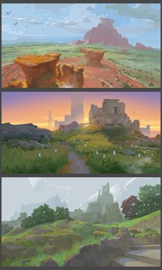 three different views of the landscape in this video game, each with an image of a castle