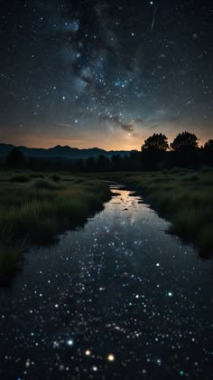 the night sky is filled with stars above a small stream that runs through an open field