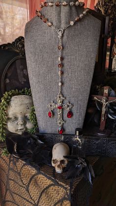 These exquisite Rosaries are made and inspired by the stunning Gothic Cathedrals ⛪ Each one is intricately made with stunning beads and Crucifixes and other adornments.  The red rosary is made with Garnet drop crystals!  The black rosary is made with beautiful Swarovski crystals.  The white rosary's crucifix is embellished with beautiful cubic zirconia crystals.  Each rosary measures over 26 inches. I have added a lobster claw to each rosary so you can easily adjust the length ✝️ These are GORGE Rosary Outfit, Rosary Fashion, Rosary Aesthetic Dark, Goth Catholic, Gothic Accessories Jewellery, Goth Rosary, Gothic Rosary, Rosary Inspired Necklace, Gothic Rosary Necklace