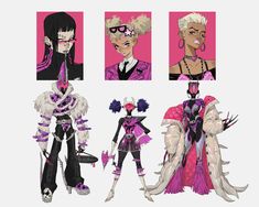 four female characters in different outfits with pink and black hair, one is wearing an elaborate outfit