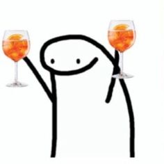 two wine glasses with oranges in them and one is holding up the glass to its head