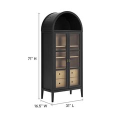 an image of a tall cabinet with drawers and shelves in black finish, measurements for the width