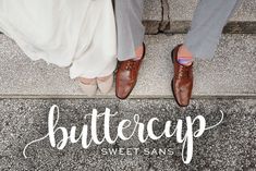 two people standing next to each other with shoes on their feet and the words buttercapp written in white