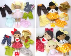 four pictures of dolls with different outfits and shoes on them, all in various colors